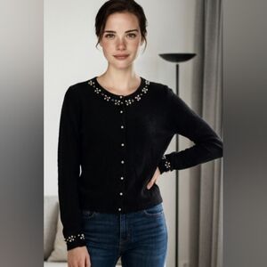 ICE SZ M Black Ramie Angora Blend Long Sleeve Lightweight Pearl Embelish Cardiga